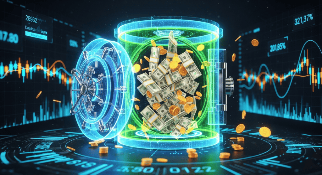Digital vault filled with cash, coins, and gold bars representing online income growth.