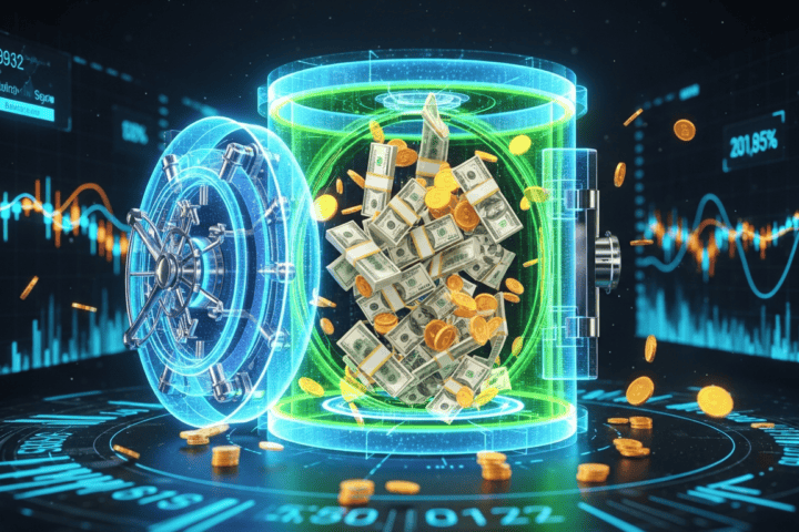 Digital vault filled with cash, coins, and gold bars representing online income growth.