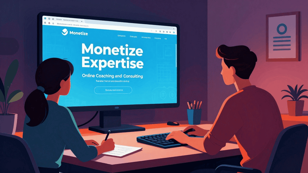 Two people working on a computer with "Monetize Expertise" on screen, representing online income str.