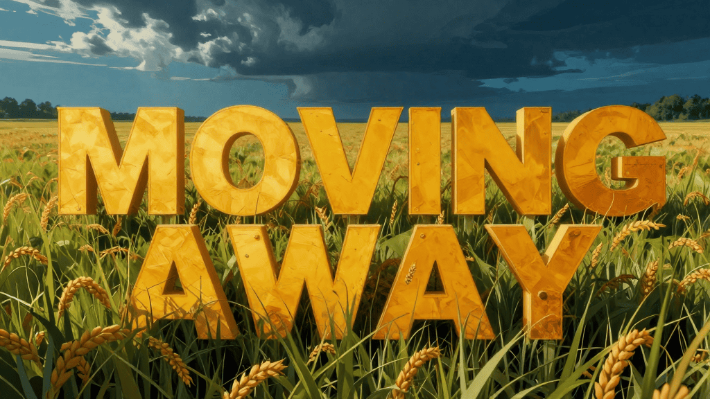 Large 3D text "MOVING AWAY" in a wheat field under a cloudy sky, symbolizing change and new opportun.