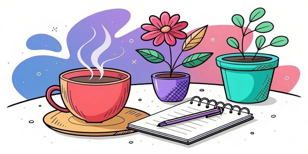A steaming cup of coffee sits on a saucer next to a spiral notebook with a pen. Two potted plants, one flowering and one leafy, are in the background, all set against a colorful abstract backdrop.