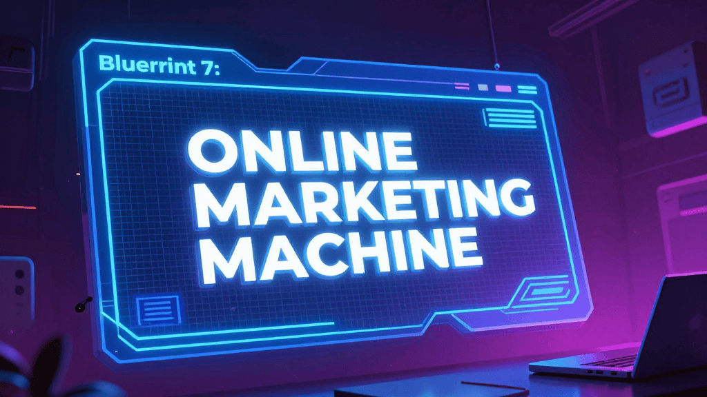 Digital online marketing machine interface with blueprints for quick income strategies.