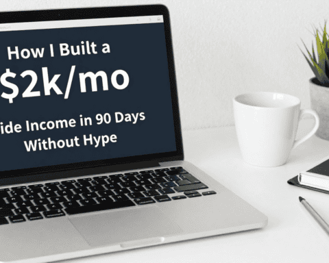 Laptop screen showing "How I Built a $2k/mo Side Income in 90 Days".