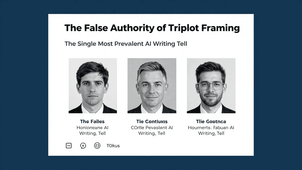 Analyzing AI writing tricks and false authority in triplot framing.