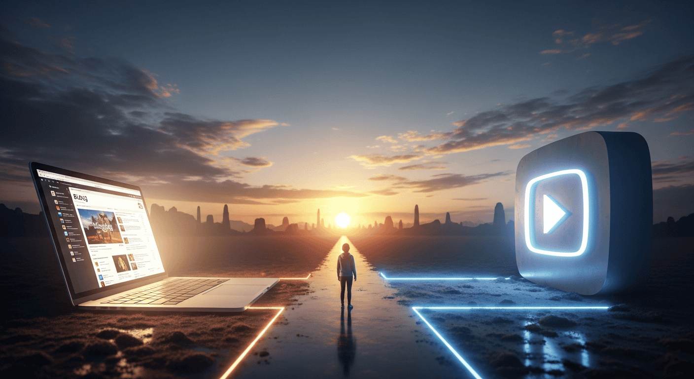 Laptop with social media content, digital media, and a futuristic play button icon at sunset.