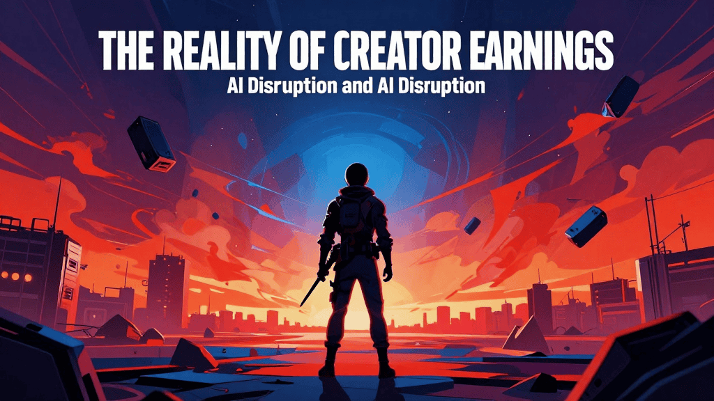Futuristic image of a creator facing AI disruption with a cityscape background.
