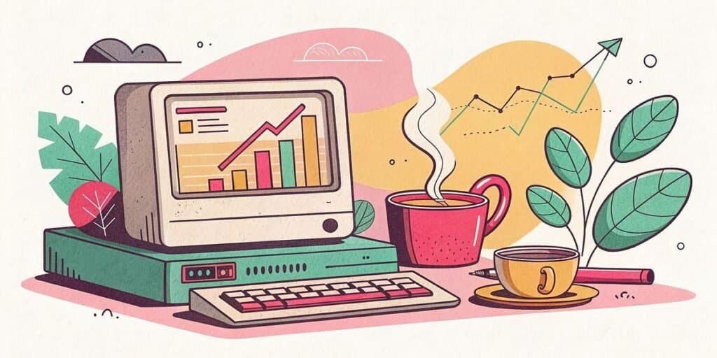 Illustration of a computer with growth charts, coffee, and plants for side hustle success.