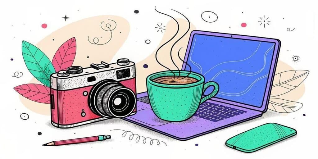 Side Hustle Reality logo with camera, laptop, and coffee cup for online entrepreneurs.