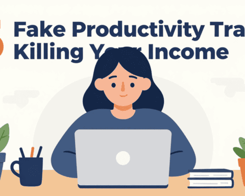 Illustration of a woman working at a laptop highlighting productivity traps affecting income.