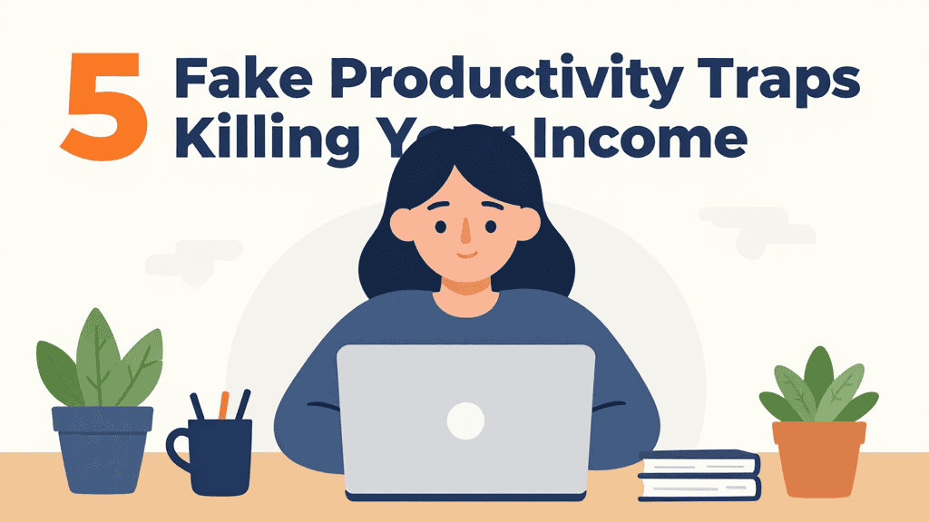 Illustration of a woman working at a laptop highlighting productivity traps affecting income.