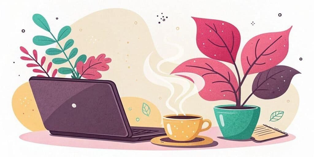 Cozy workspace with laptop, plants, and coffee for side hustle ideas.