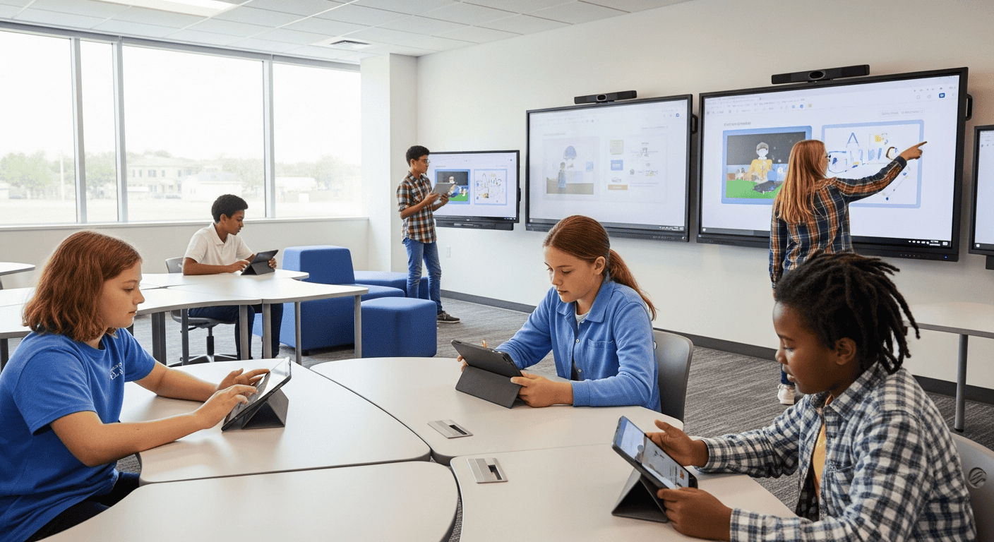learners using tablets in classroom