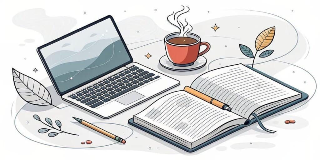 Laptop, notebook, and coffee for side hustle planning and productivity.