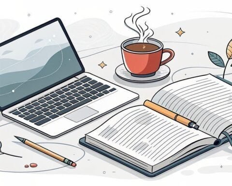 Laptop, notebook, and coffee for side hustle planning and productivity.