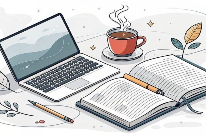 Laptop, notebook, and coffee for side hustle planning and productivity.