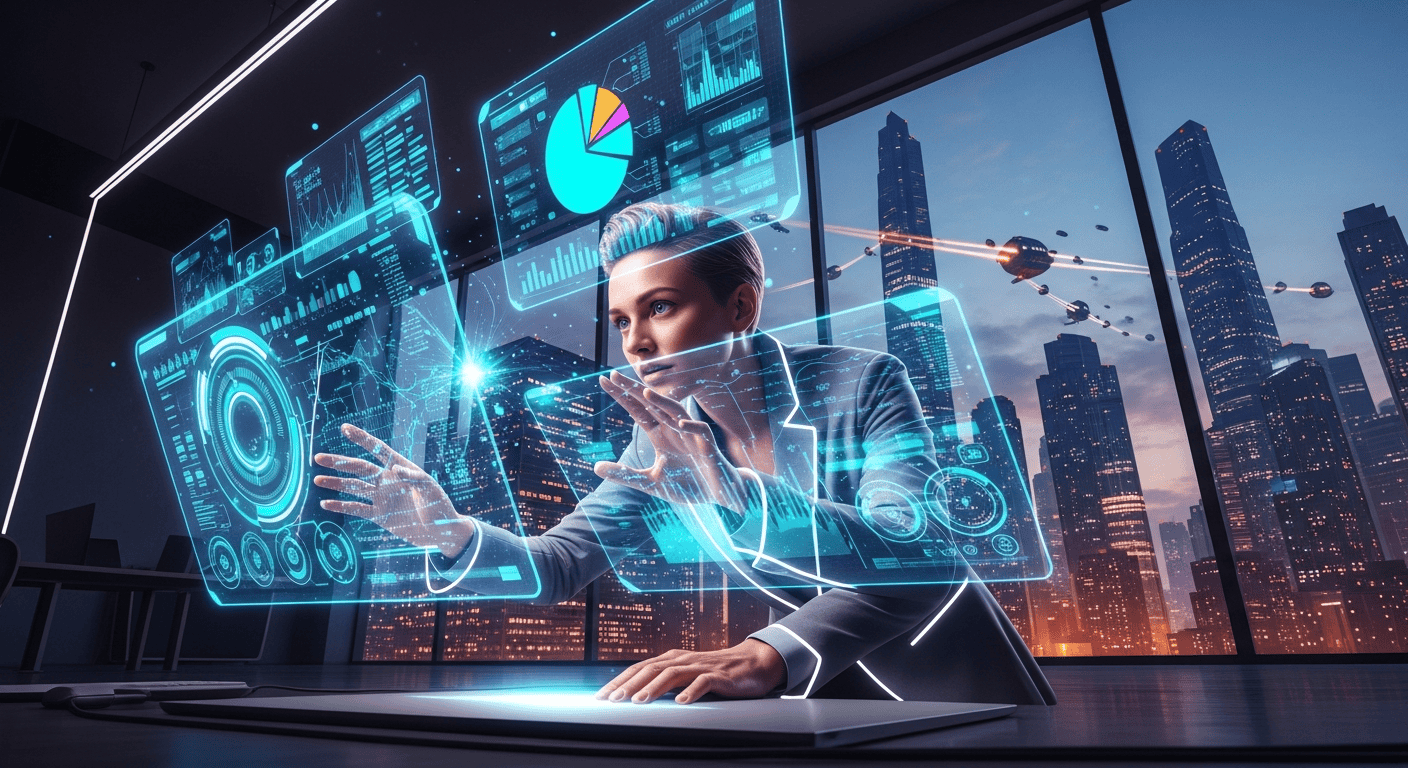 Futuristic marketer with data screens