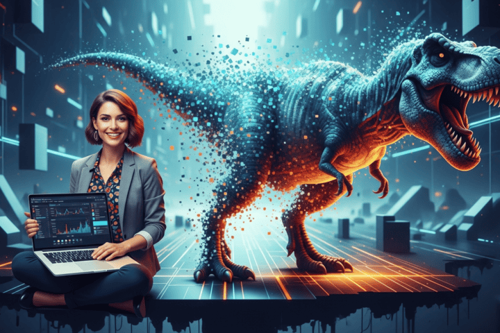 Woman with laptop and digital T-Rex in futuristic cityscape.