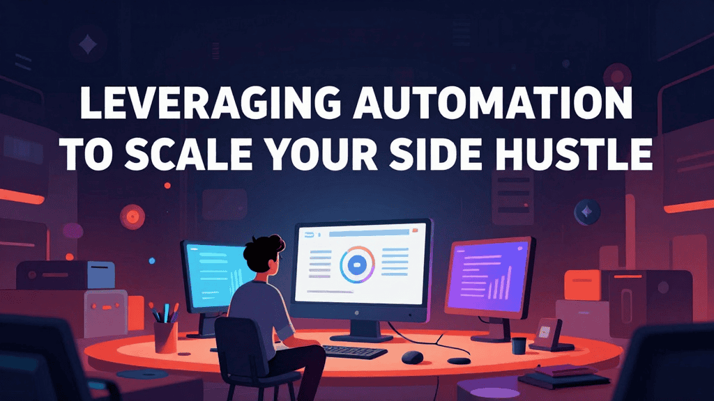 Person working on multiple monitors for side hustle automation and income growth.