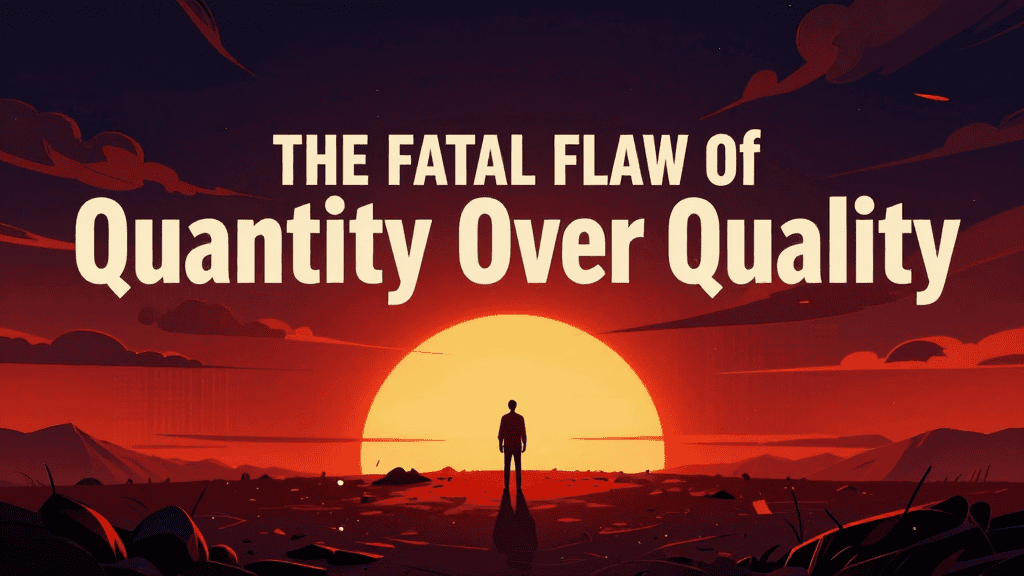 Illustration of a person standing at sunset highlighting the flaw of prioritizing quantity over qual.
