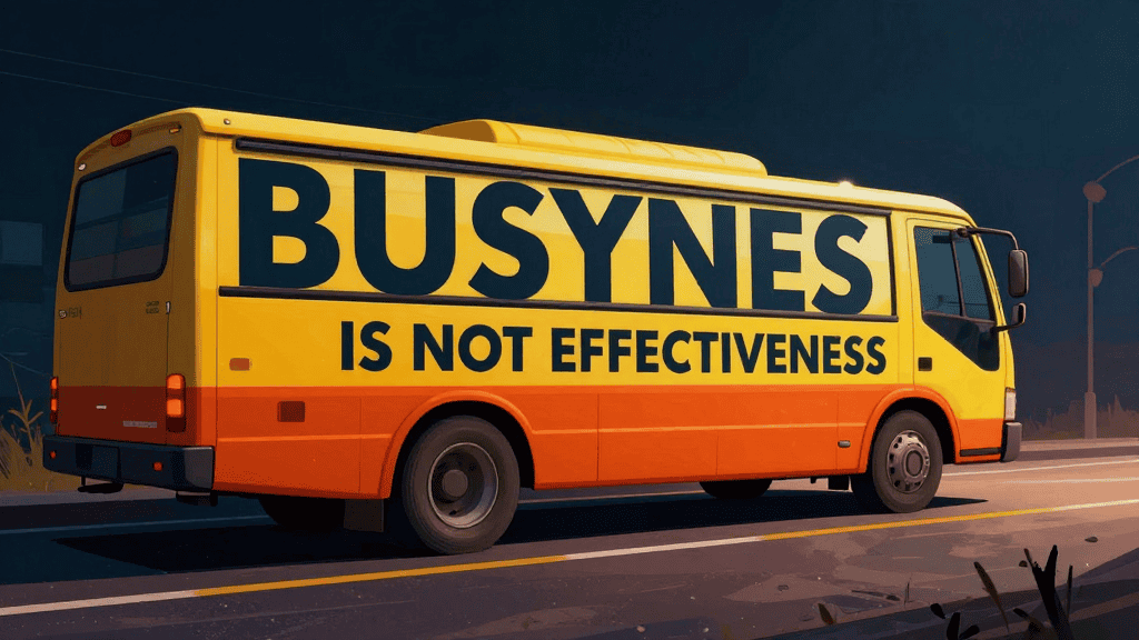 Bus van with bold text "BUSYNESS IS NOT EFFECTIVENESS" on side, on a dark road.