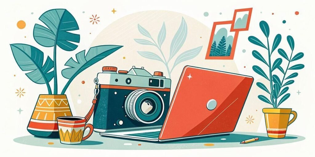 An illustration of a laptop, a vintage camera, a pencil, a coffee cup, and two potted plants on a desk, with framed pictures hanging on the wall in the background.