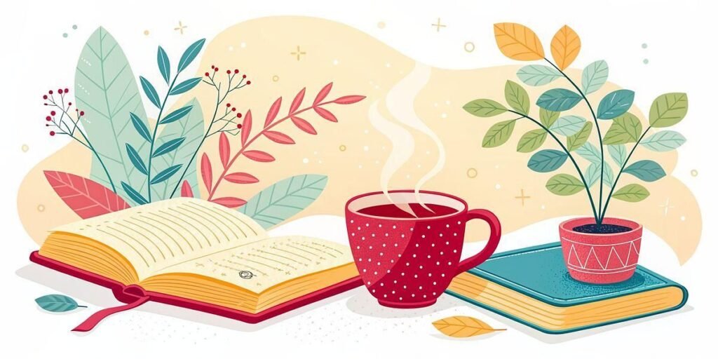 Illustration of an open book, a steaming red mug, and a potted plant on top of a closed book, with leafy plants in the background and a light-colored abstract backdrop.