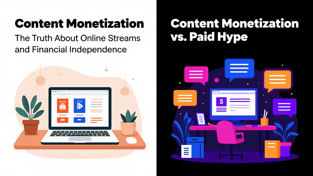 Illustration of content monetization concepts with a laptop and digital icons.