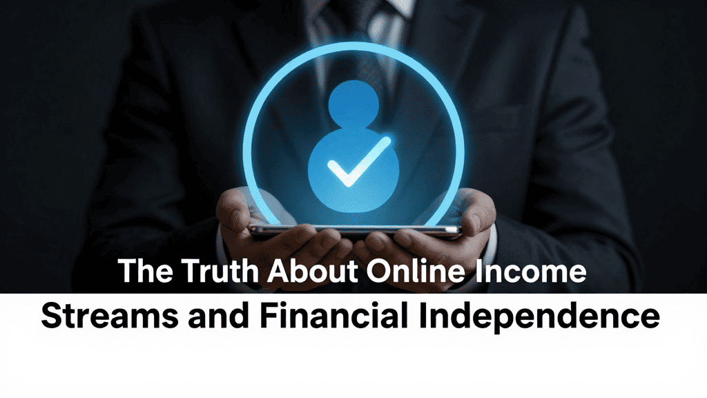 Digital entrepreneur holding a phone with a checkmark icon, symbolizing online income success.