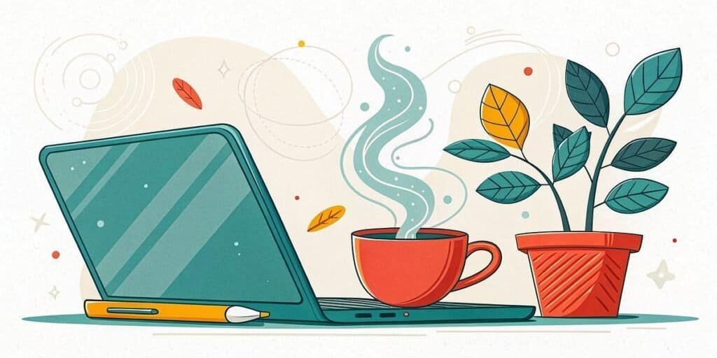 Laptop with coffee and plant, symbolizing remote work and side hustle ideas.