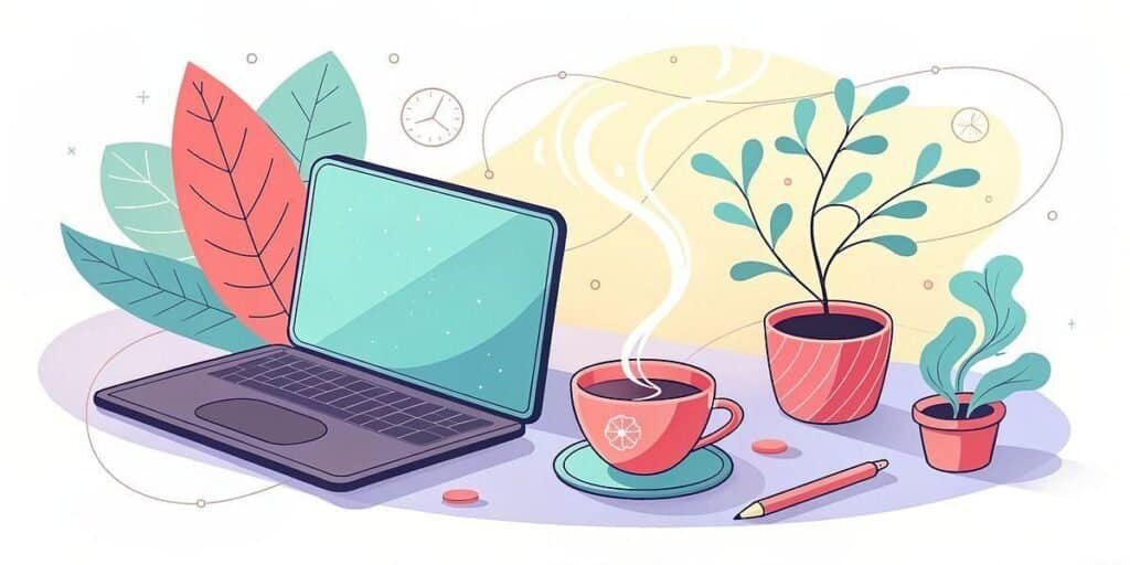 Cozy workspace with laptop, coffee, and plants for side hustle success.