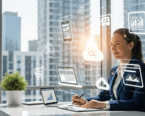 Woman working on digital marketing and online business strategies in a modern office.