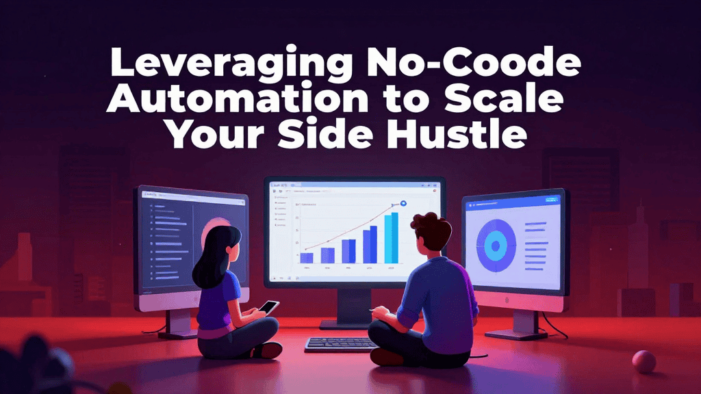 Two people working on laptops with multiple screens showing graphs and automation tools.