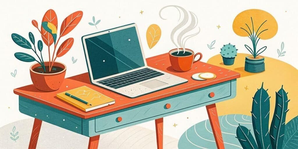 Cozy home office with laptop, coffee, and plants for side hustle success.