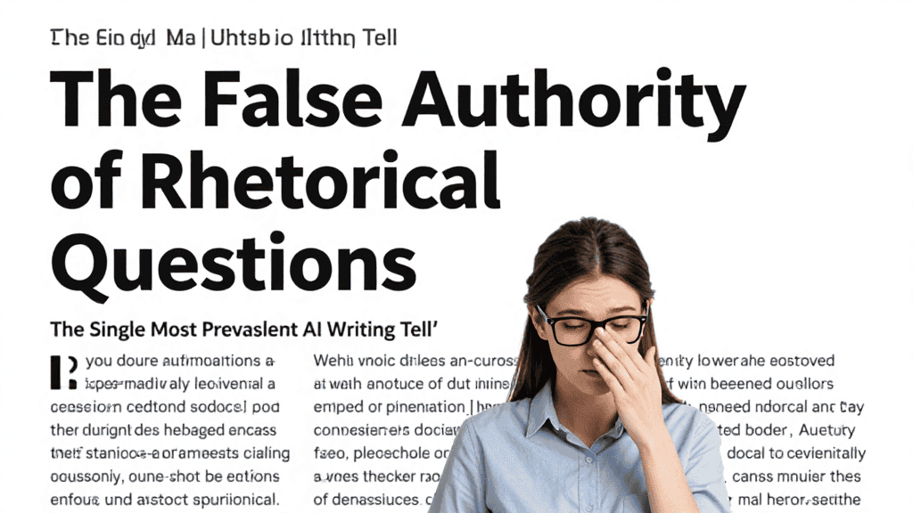 Woman reading a book about AI writing and rhetorical questions, emphasizing AI writing detection.