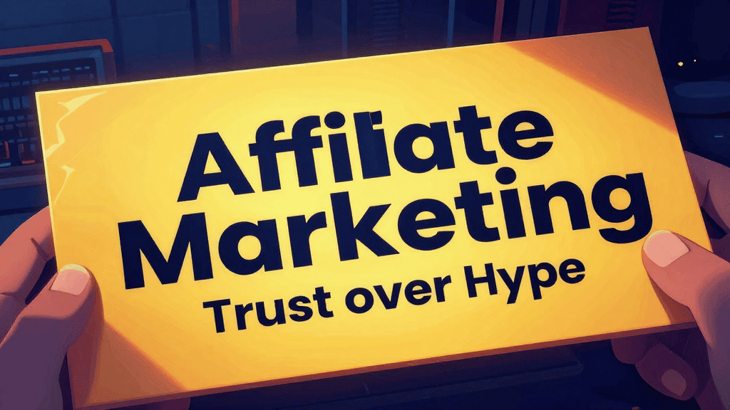 Hands holding a sign that says "Affiliate Marketing Trust over Hype" for home income strategies.