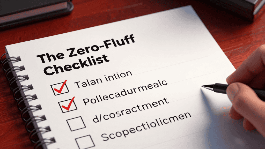 Person writing on a checklist titled "The Zero-Fluff Checklist" for side hustle success.
