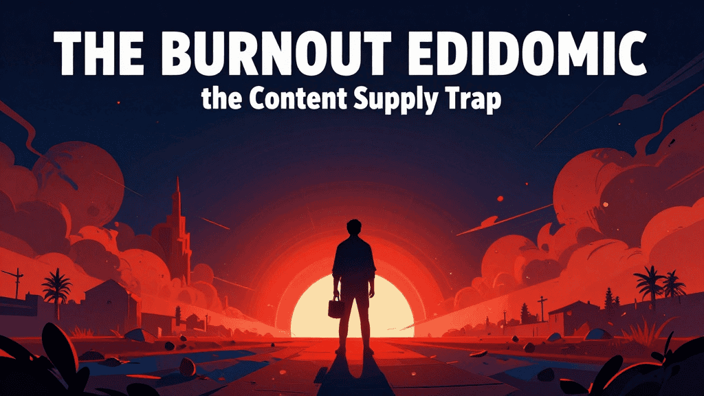 Illustration of a person facing a sunset with a cityscape, symbolizing burnout in content creation.