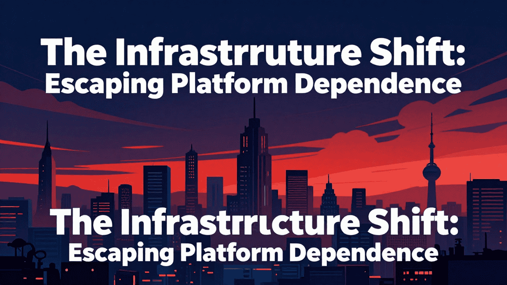 City skyline at sunset highlighting infrastructure shift and platform independence.