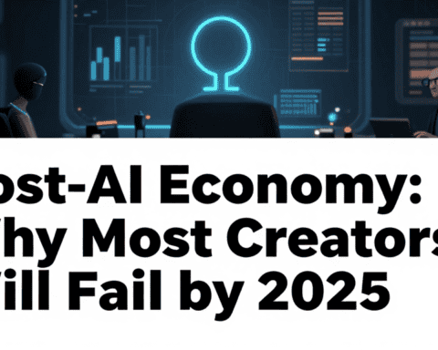 Futuristic AI control room with creators analyzing data and AI icons, highlighting post-AI economy c.