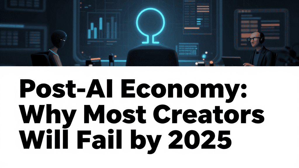 Futuristic AI control room with creators analyzing data and AI icons, highlighting post-AI economy c.