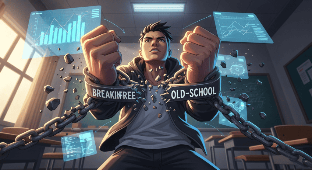 Young man breaking chains labeled "Old-School" in a modern office setting.