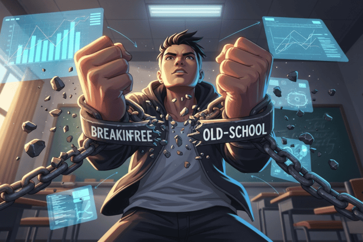 Young man breaking chains labeled "Old-School" in a modern office setting.