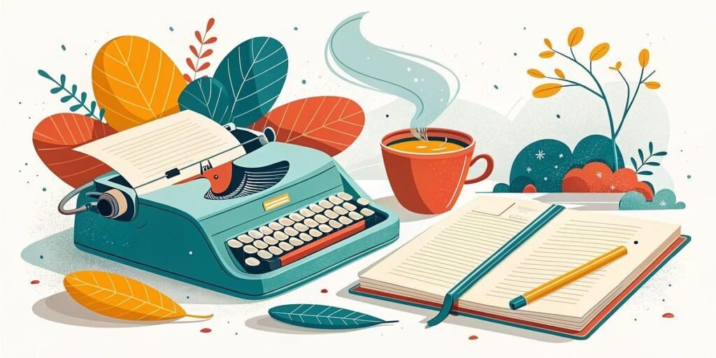 A teal typewriter with a sheet of paper, an open notebook with lined pages and a pencil, and a steaming cup of coffee are arranged on a table, surrounded by colorful autumn leaves and plants.