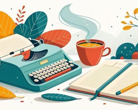 A teal typewriter with a sheet of paper, an open notebook with lined pages and a pencil, and a steaming cup of coffee are arranged on a table, surrounded by colorful autumn leaves and plants.