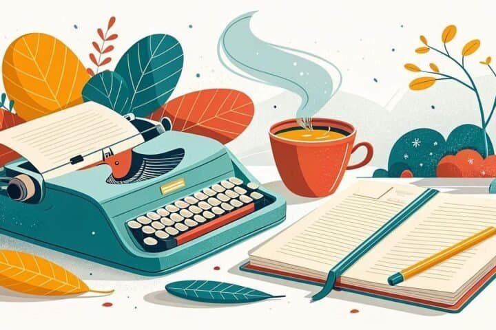 Workspace with typewriter, notebook, and coffee for side hustle planning.