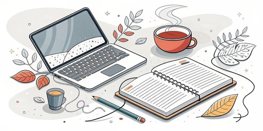 A laptop, an open notebook with lined pages, a pencil, a steaming cup of coffee, and scattered autumn leaves are arranged on a white surface.