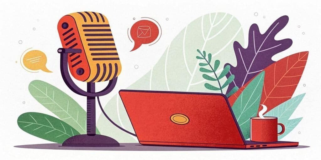 Microphone and laptop setup for podcasting, streaming, or online content creation.