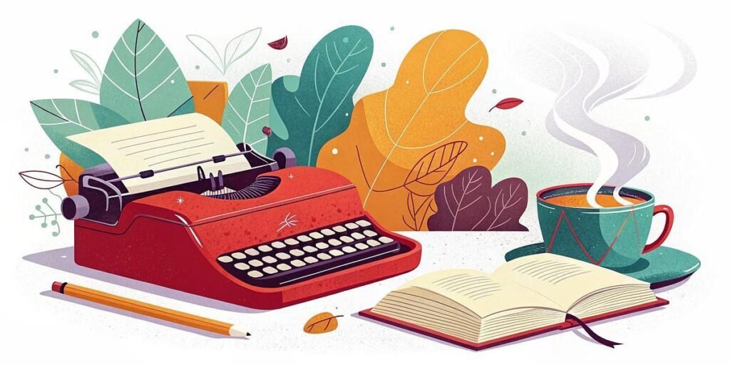 A red typewriter with a sheet of paper, an open book, a pencil, and a steaming cup of coffee are on a surface, surrounded by colorful illustrated leaves in the background.