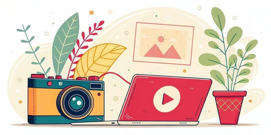 Illustration of a camera connected to a laptop with a play button on the screen, surrounded by potted plants and a framed picture of mountains on the wall in the background.