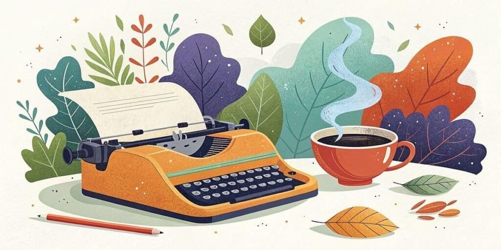 Vintage typewriter with steaming coffee surrounded by colorful leaves and plants.